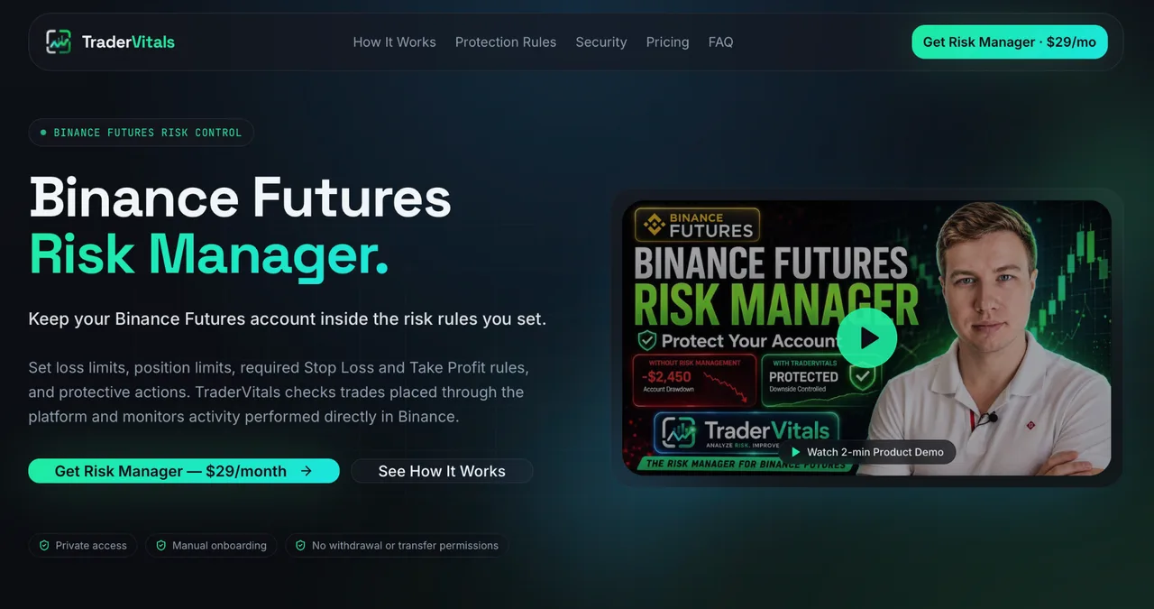 TraderVitals Binance Futures Risk Manager landing page